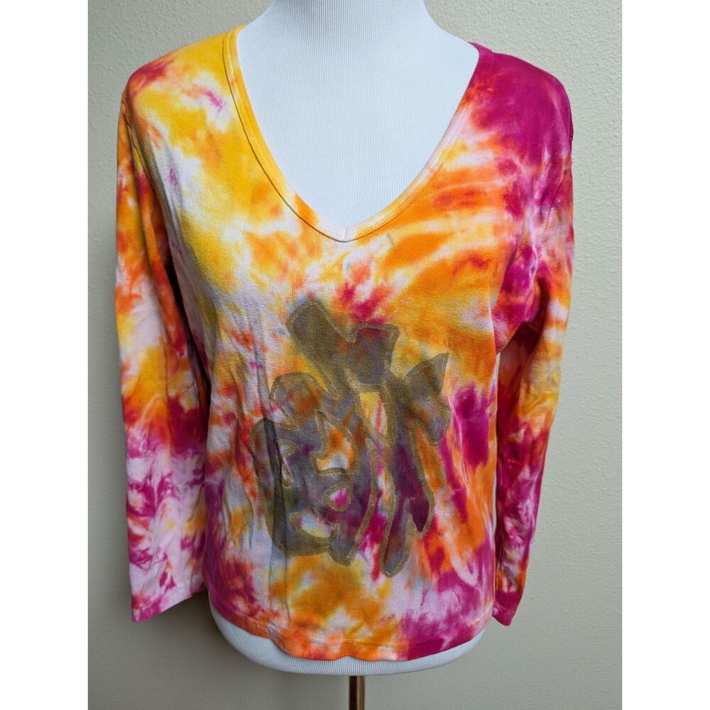 Tie Dye V-Neck Top Women’s Long Sleeve Multicolor Cotton Knit Pullover Tee